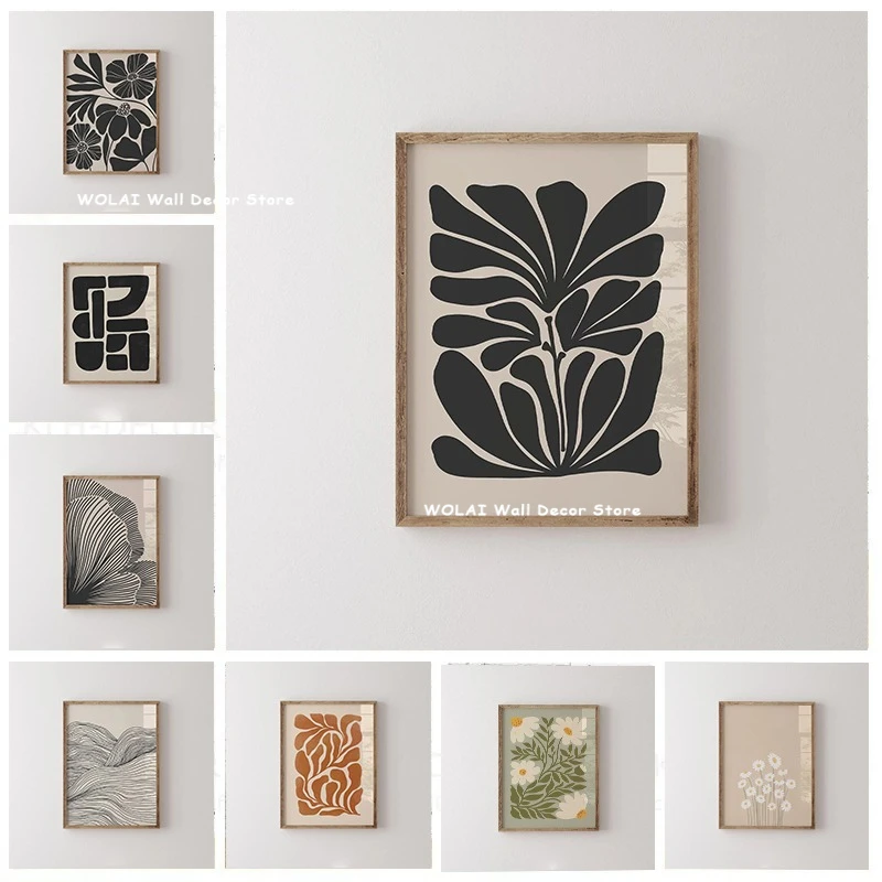Abstrato moody planta arte impressão em tela meados do século moderno bege preto floral linha arte da parede cartazes para sala de estar decoração casa