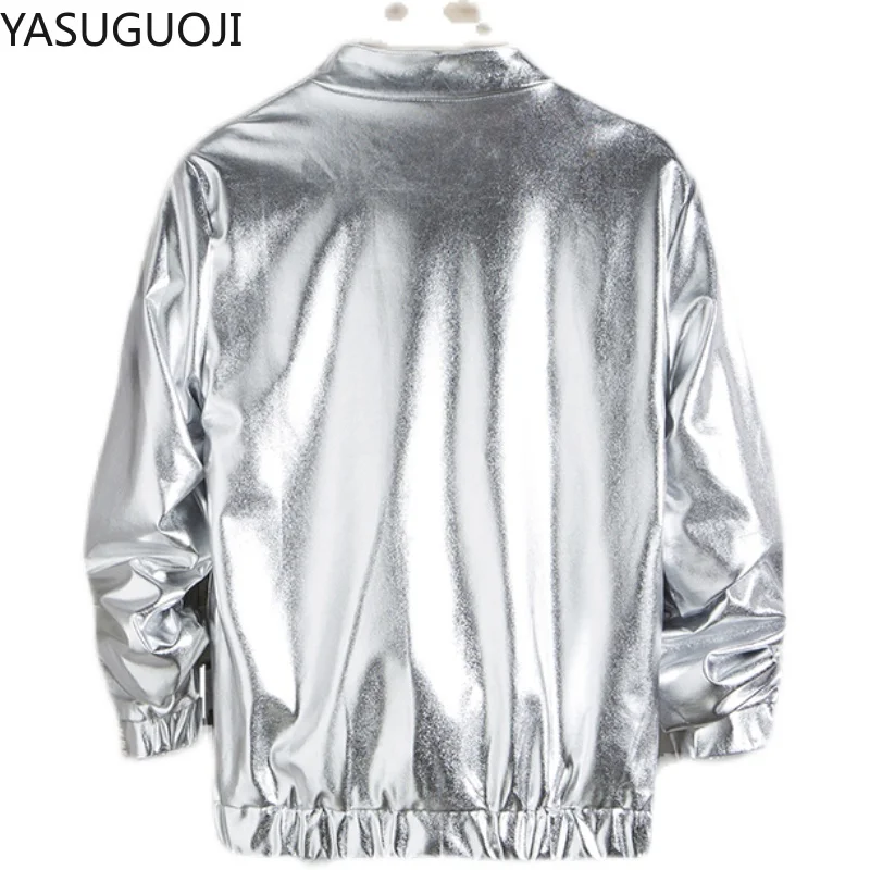 YASUGUOJI-Chaqueta brillante para hombre, ropa de calle y plateado brillante de Color dorado, abrigos y chaquetas de Hip Hop para primavera