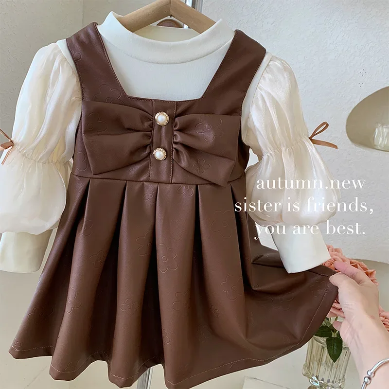 Children's Clothing Sets Puffy Sleeve T-shirt + Bow Leather Skirt 2pcs Sets Toddler Clothes Girls Dresses Kids Boutique Clothes