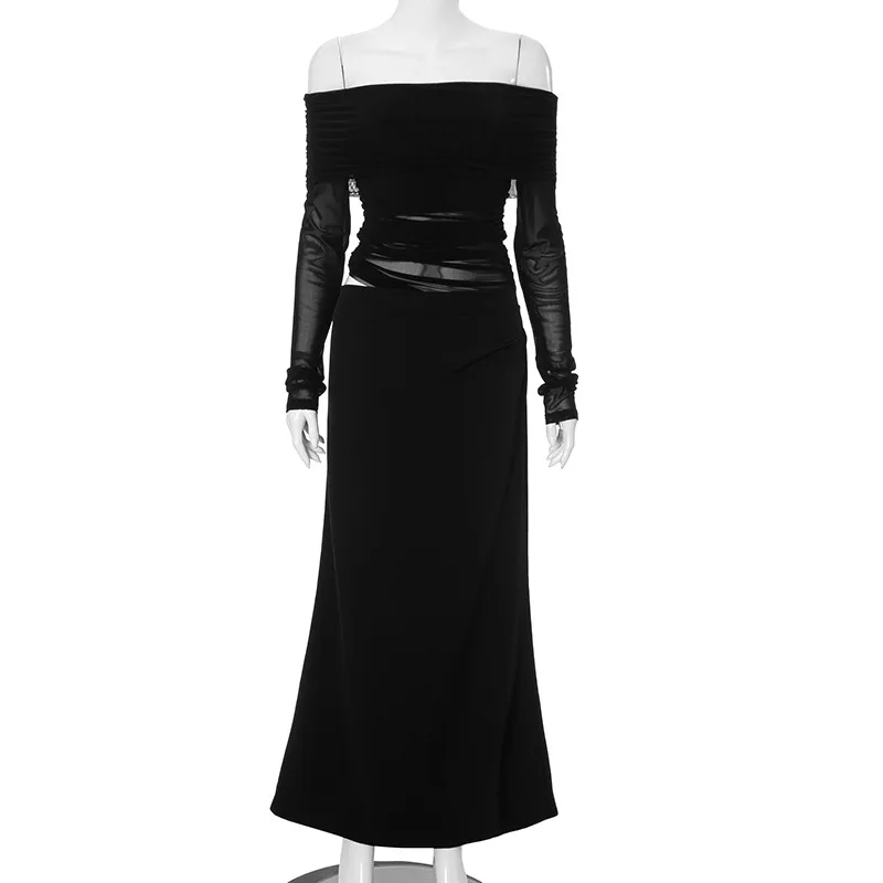 DSMTRC-vestido Midi de manga larga con hombros descubiertos para mujer, vestido largo negro ahuecado, estilo Punk, ropa de Club femenina, Primavera