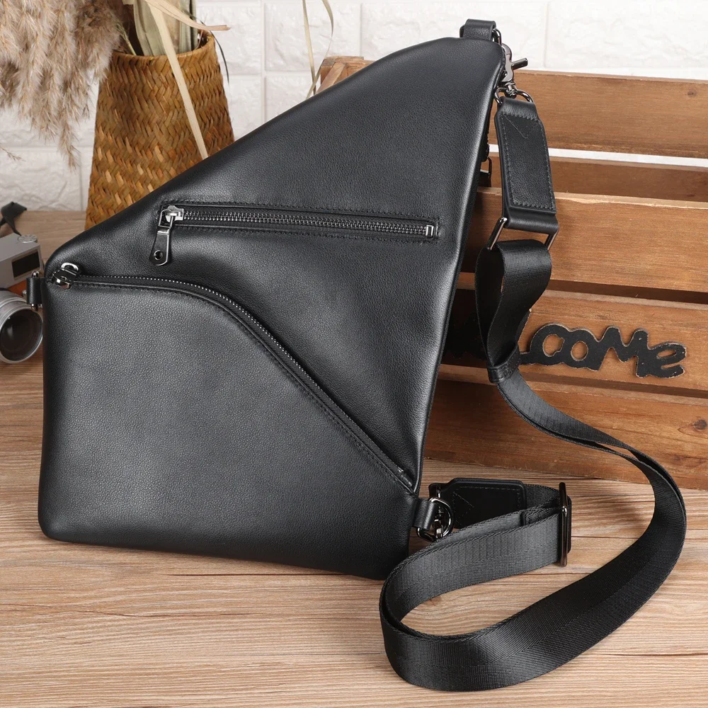 

Customization Design Man Genuine Real Cowhide Crazy Horse Leather Sling Pack Black Full Grain Cow Chest Bag