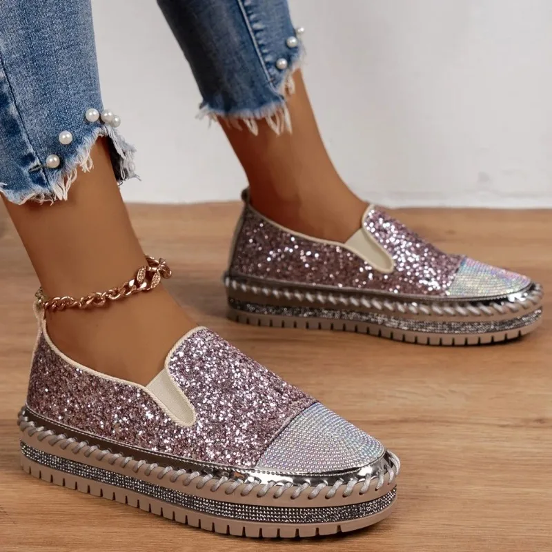 Women Sneakers 2024 New Women Flat Sequined Sneakers Casual Women Mesh Lace-up Fine Diamond Sequins Platform Vulcanized Shoes