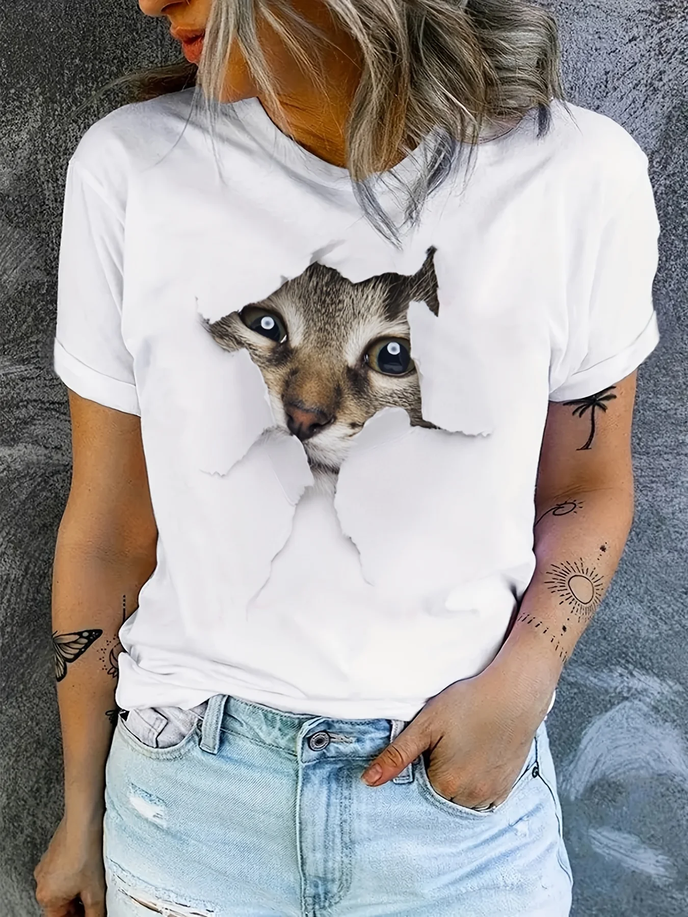 Camisetas غير الرسمية لوس يوميا، ropa para mujer، camiseta con estampado de gato ling