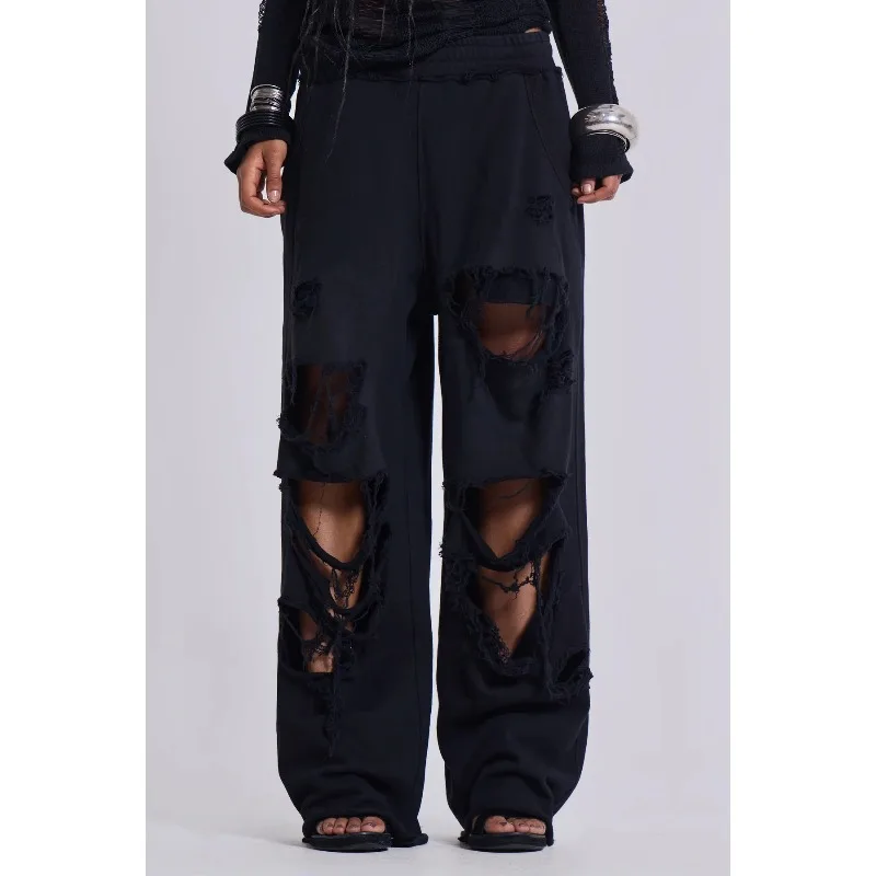 ZEMOREXMZ Vrouwen Baggy Joggingbroek Casual Y2K Hip Hop Grunge Wijde Pijpen Gat Losse Gescheurde broek Oversized Streetwear Broek