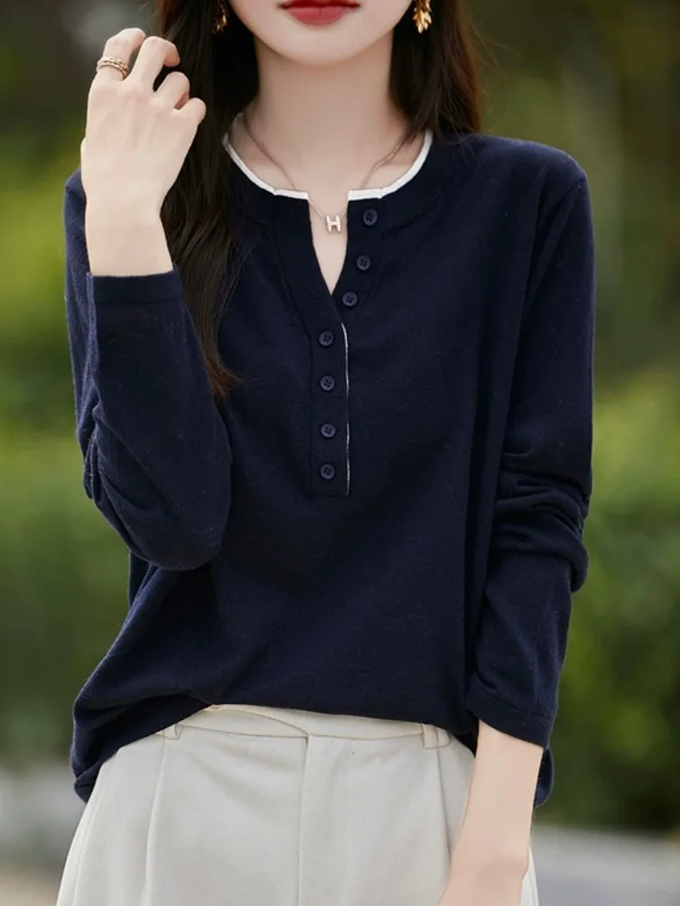 

Outlet Store Women's Long Sve Thin Wool Sweater round Ne Overhead Casual Sle Knitted Top Color Blo Design Elastic