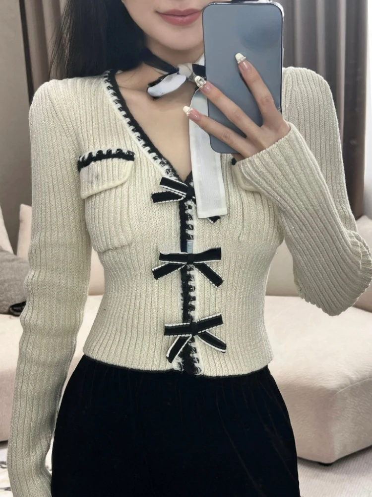 Elegant Knitted Pullover Office Lady 2022 Autumn Casual Long Sleeve Y2k Clothing V-neck Korean Style Fashion Slim Blouse Woman