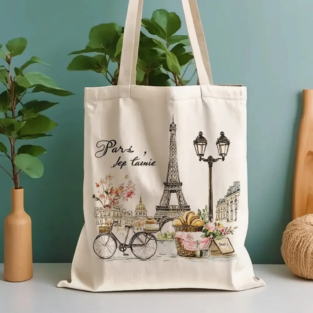 1 Piece of Fashionable Parisian Street Style Canvas Shoulder Bag with Eiffel Tower, Pastry, and Floral Designs image 4