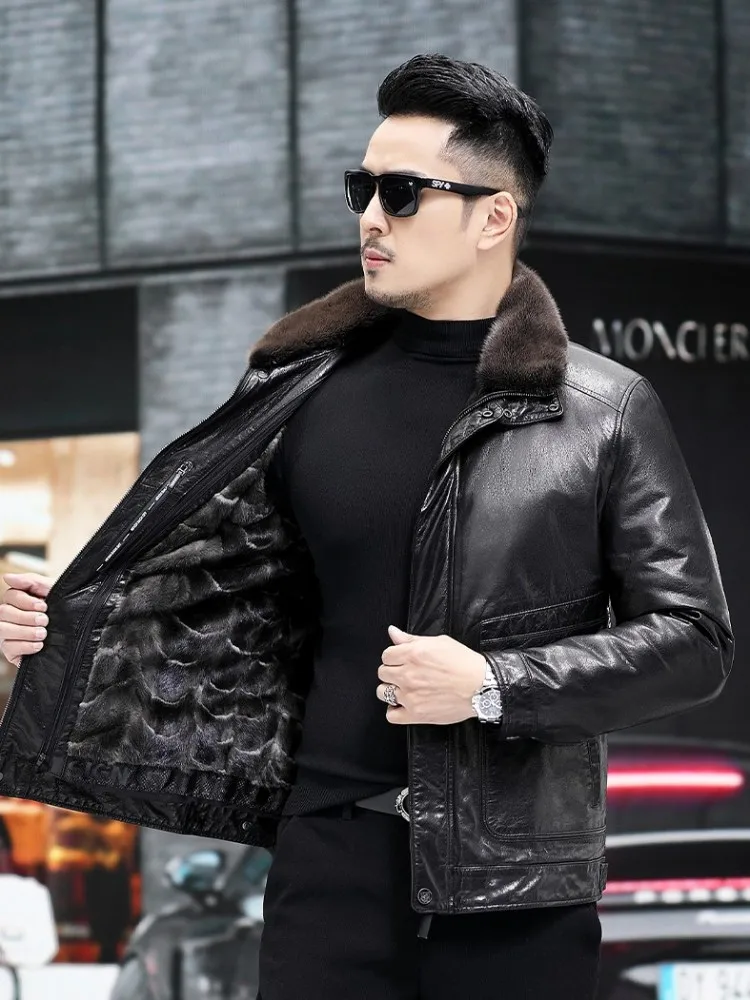 Streetwear Mens Genuine Leather Motorcycle Short Coat Removable Mink Fur Lining Slim Fit Vintage Oil Wax Cowhide Jacket Male