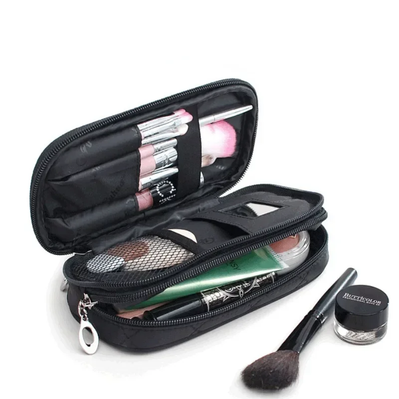 Women\'s Mirror Mini Cosmetic Bag Simple Waterproof Storage Box Black Double Layer Make Up Brush Beauty Organizer Supplies