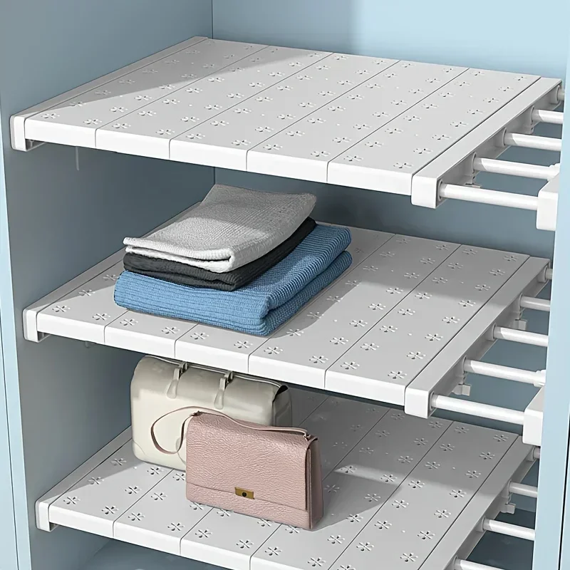 

Adjustable No-Drill Shelf Organizer -Metal & Plastic Partition for Kitchen, or Wardrobe - Versatile Telescopic Organizer Hanger