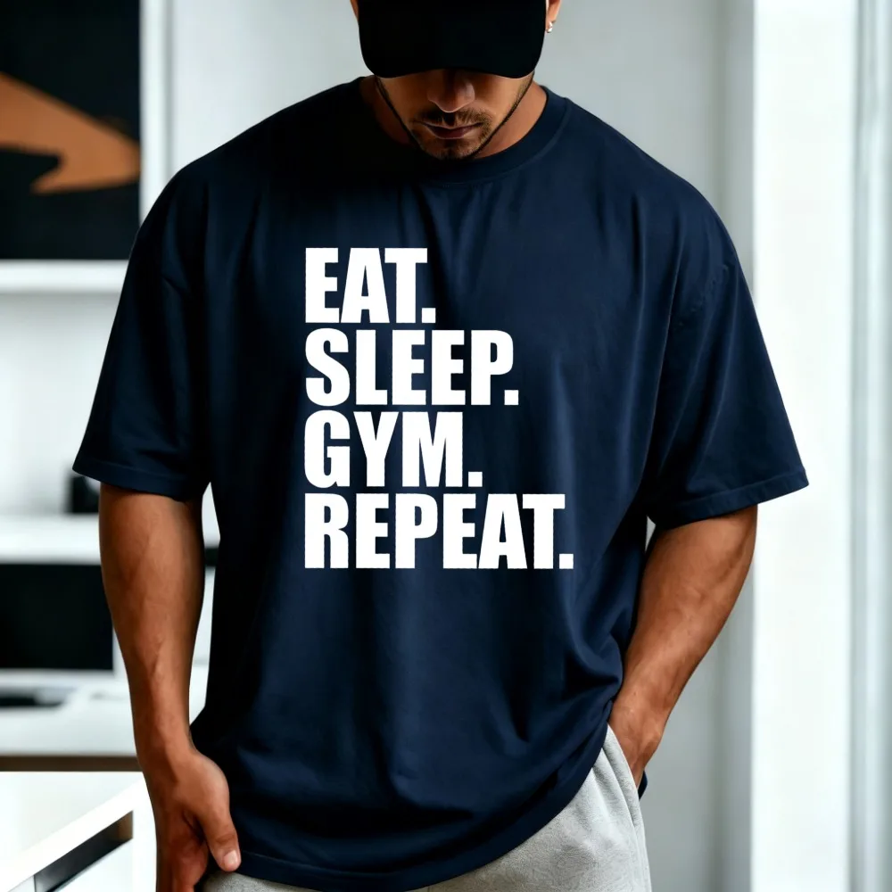 Eat Sleep Gym Repeat T-Shirt Fitness WorkOut Bodybuilding Weightlifting Deep Squat T Shirt Summer Cotton Short Sleeve Tshirt