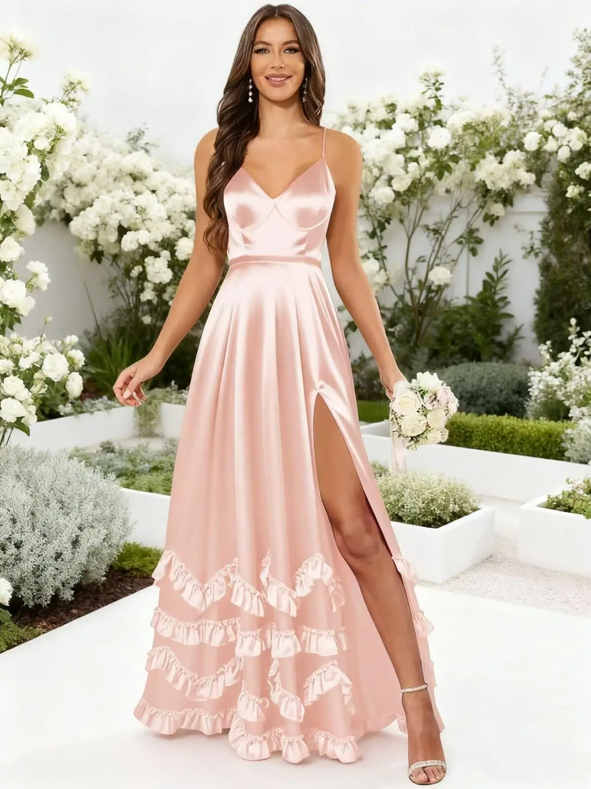 

Spaghetti Straps Satin Bridesmaid Dress for Women Ruffle Tiered A-Line Silk Formal Maxi Gowns with Slit