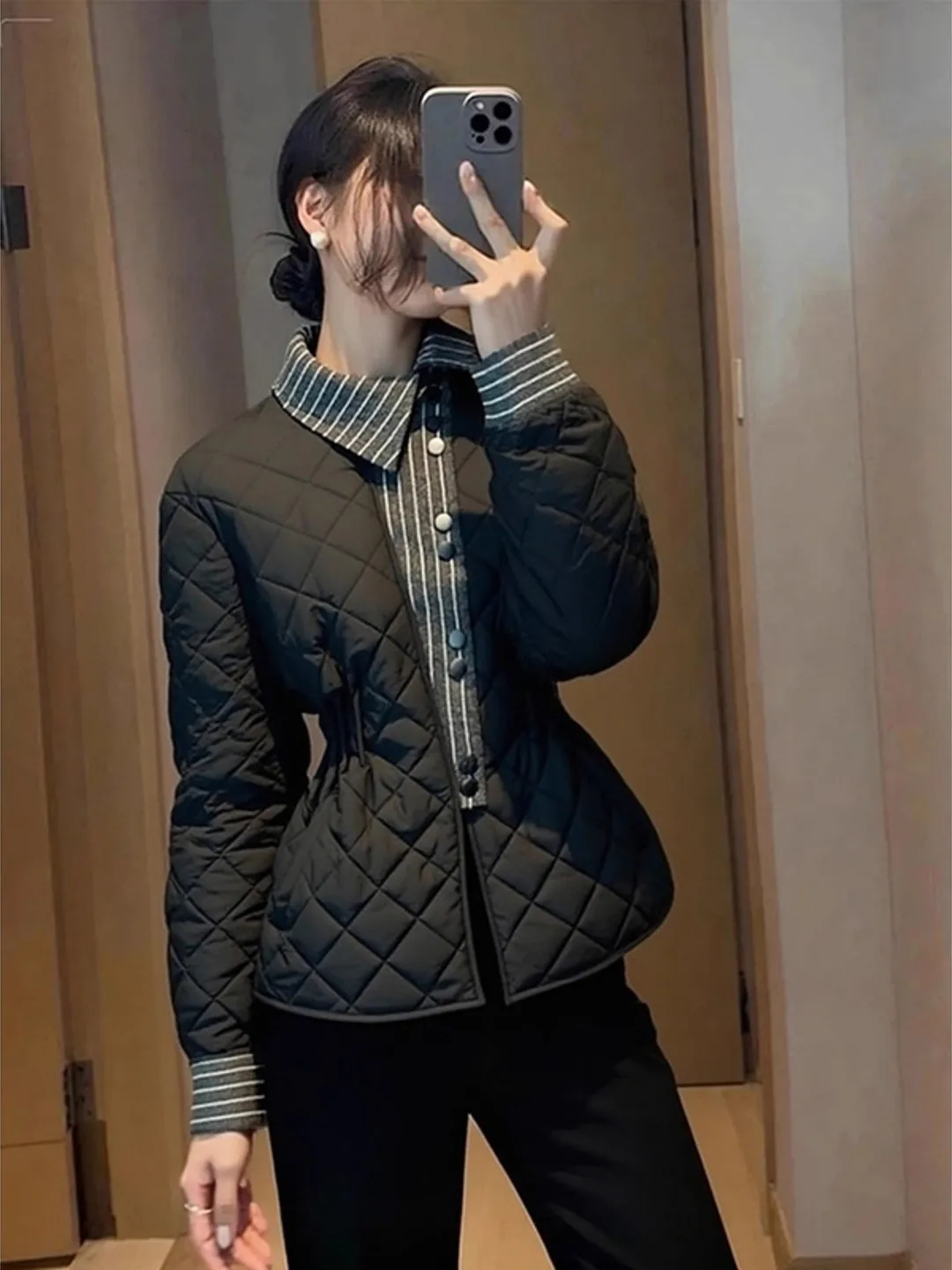 

Women's Thiened Winter Coat Warmth Waist-Cinching Bla Diamond Pattern Cotton Jaet Fem High-End Design Sensation ea...