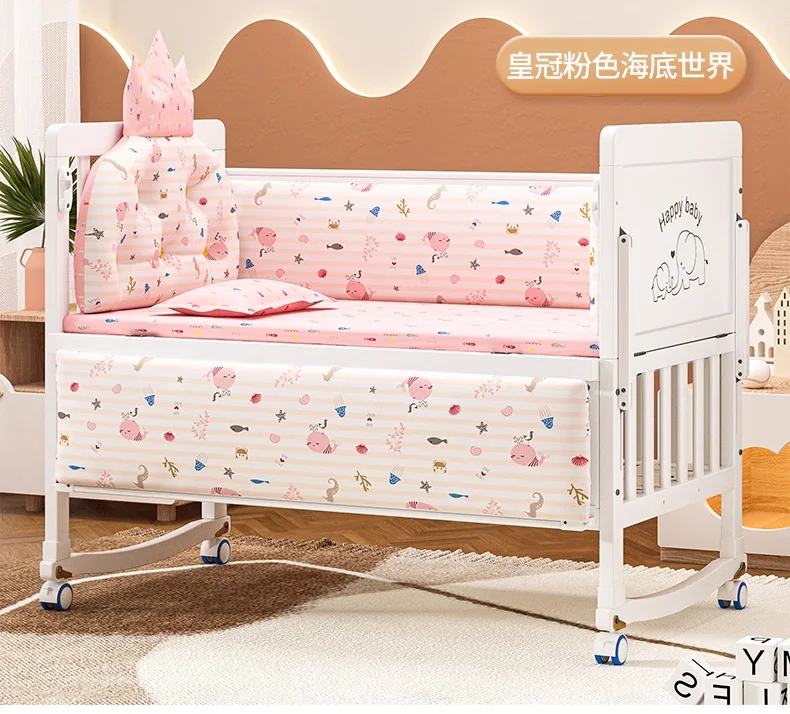 Nowa Najlepsza Oferta Łóżeczko Dziecięce Drewniane 6 w 1 z Regulowaną Wysokością, Łóżeczko z Litego Drewna z Materacem Palmowym i Zestawem Pościeli