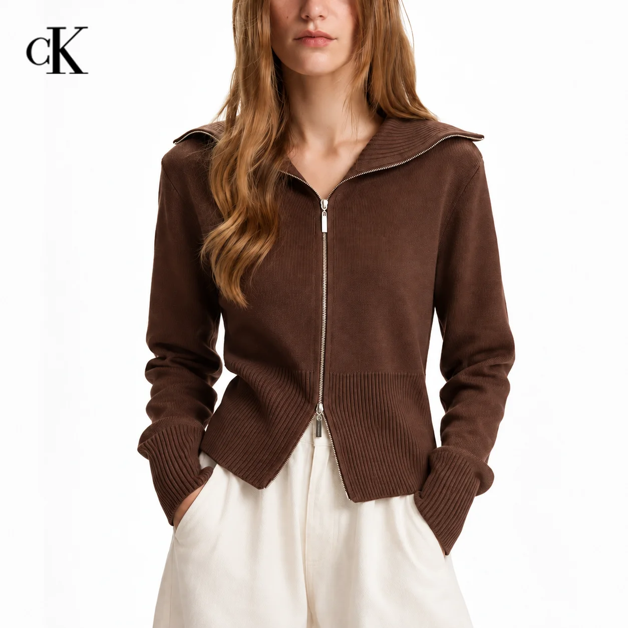 CK Lapel Zip Knit Cardigan Long Sleeve Ribbed Trim Slim Waist Knit Jacket Front Zipper Knitwear Casual Autumn Daily Outfit