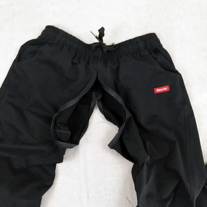 Mens Outdoor Sex Pants Spring Summer Autumn Winter Hot Sexy Trousers with Open Croth Zippers Hole Sexy Costumes Male Clothes