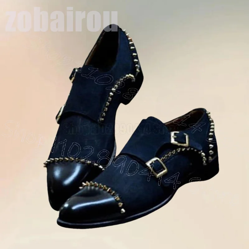 

Metal Rivets Blue Double Monk Buckle Loafers Fashion Slip On Men Shoes Luxurious Handmade Party Banquet Dating Men Dress Shoes