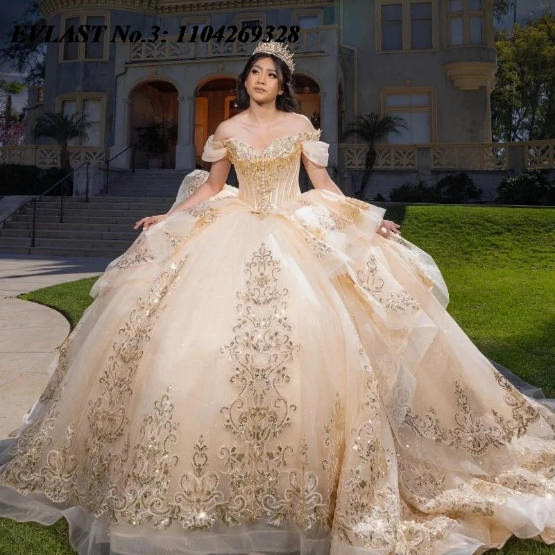 

EVLAST блестящее платье Quinceanera цвета шампанского по индивидуальному заказу, бальное платье с золотой кружевной аппликацией и бисером, Sweet 16, Vestidos 15 De Anos E3Q886