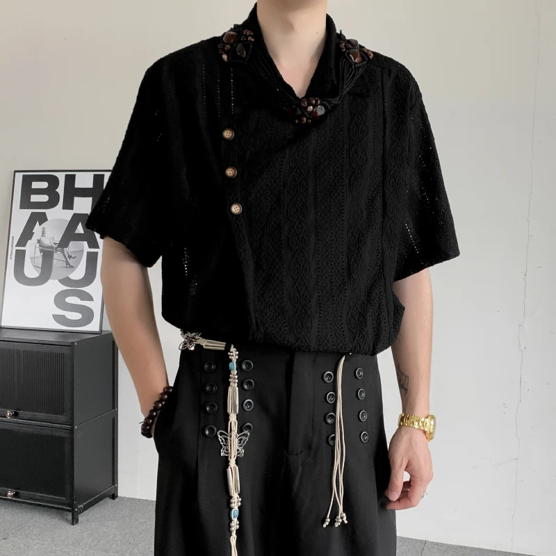 WVGA Summer New Man Chinese Style Lace-Up Ribbon Dark Pattern Trendy Hollow Out Short Sleeve Shirt Niche Chic Casual Tops W23667