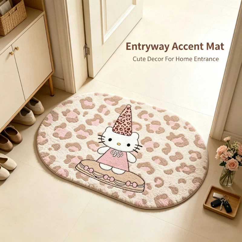 Hello Kitty Christmas Leopard Print Oval Faux Cashmere Bath Mat Thick Absorbent Non‑Slip Bathroom Door Rug