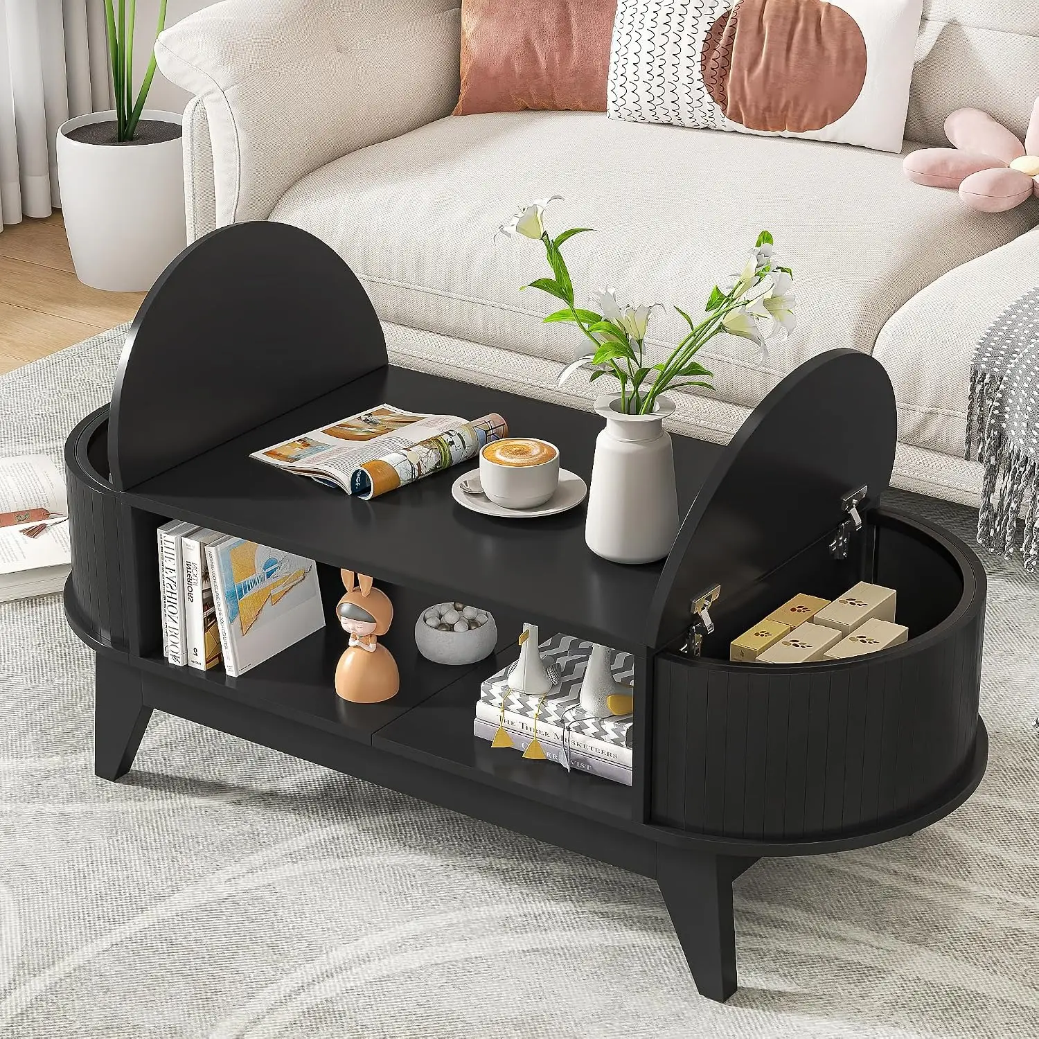 Walnut Coffee Table Storage Flip-Top Hidden Lids Living Room 2 Lids, Customized