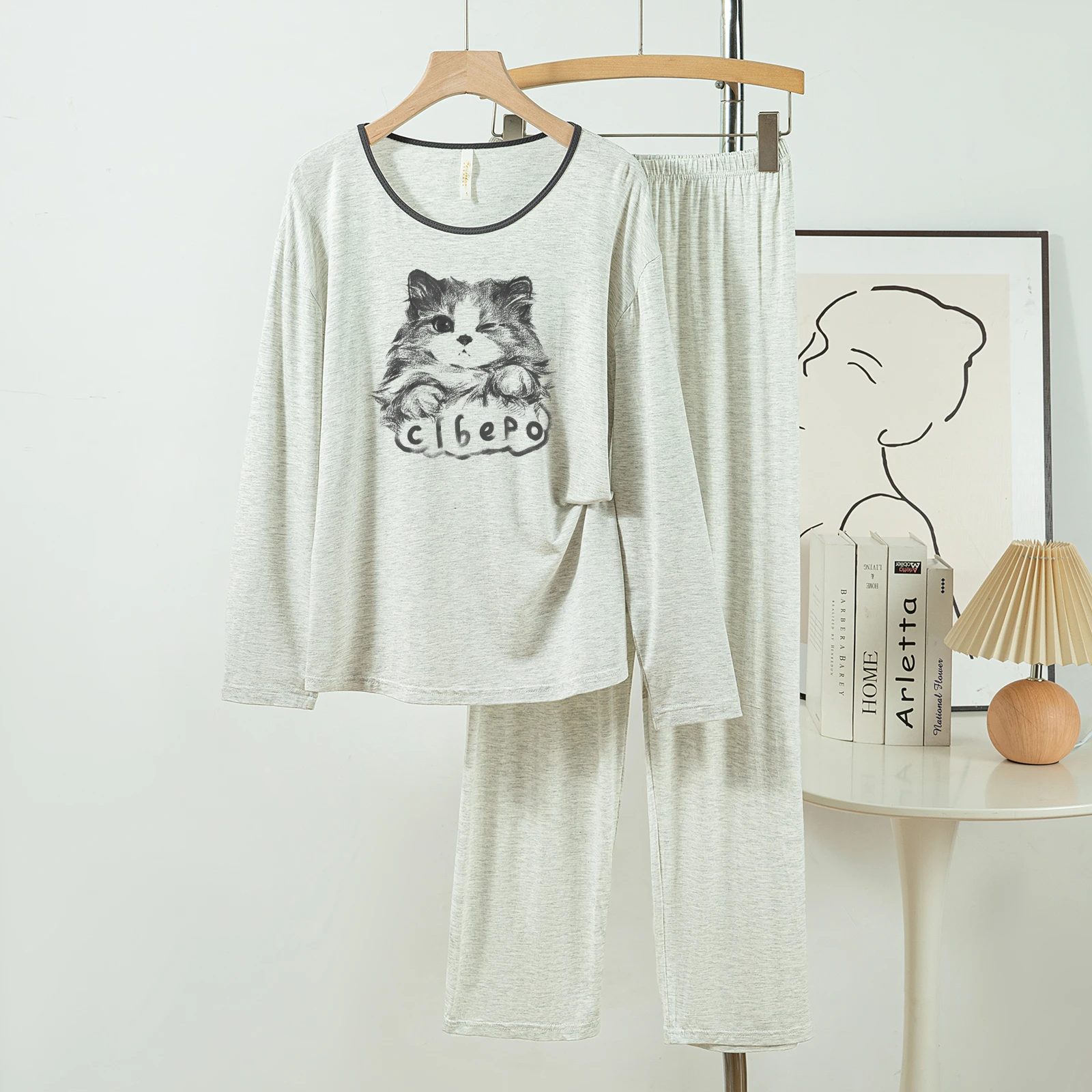 

5181-08 Casual and Comfortable Modal Cotton Pajamas for Women, New Spring and Autumn Long-Sleeved Long Pants Solid Color Casual Loungewear Set