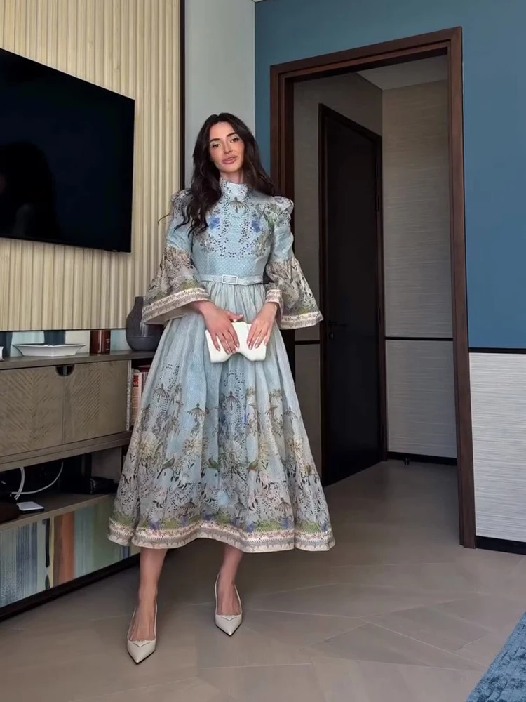 ankle length summer dresses with sleeves Elegant Women's Dress Full Sleeve Waist Belt A-line Hem Female Printed 2026 Fashion Chic New Holiday Lady Robe Burgundy Mermaid Backless Long Sleeve Length Color:Winter/Diamond White Beginning Boutique