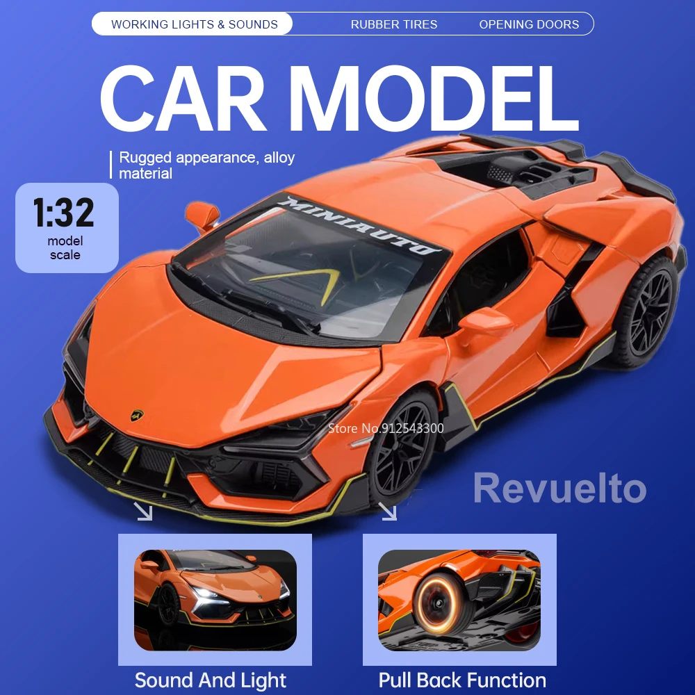

Масштабная модель автомобиля Revuelto SVJ63 1:32, игрушка с открывающимися дверями, литая из сплава, со звуком и светом, инерционная, развивающий подарок для детей