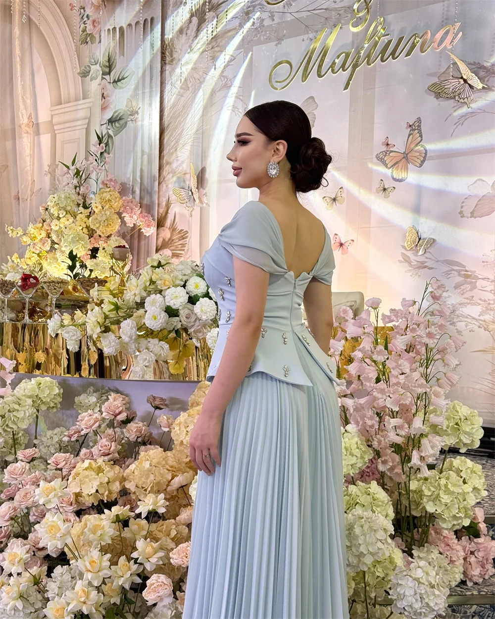 Cathy 맞춤형 블루 스퀘어 칼라 Pleated 댄스 파티 드레스 허리 Cinching Crystal vestidos de noiva 바닥 길이 정장 저녁