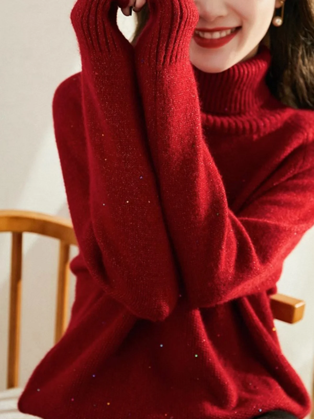 

Cisas Red High Collar Long Sve Sweater Knitted Sparkling Design Base Layer irt Ele Autumn Winter Faion Ladies'...