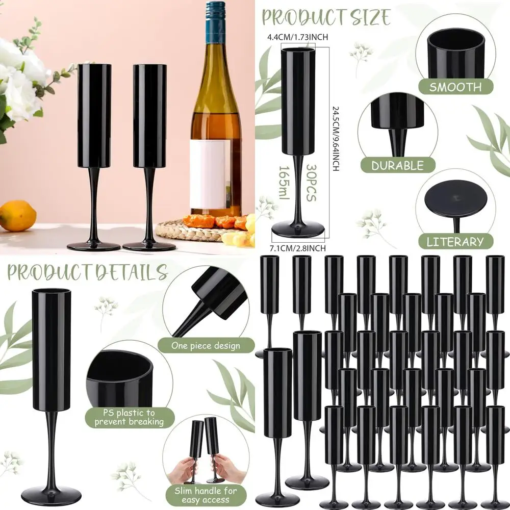 

6 oz Acrylic Champagne Flutes Set of 30 - High Stem Glasses for Unbreakable Party Cups (Black)