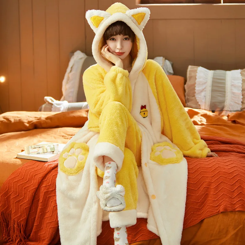 

Yellow Cute Warm Fun Women's Flannel Pajamas Set Winter Autumn Thickened Fleece Robe Cozy Home Loungewear for Ladies