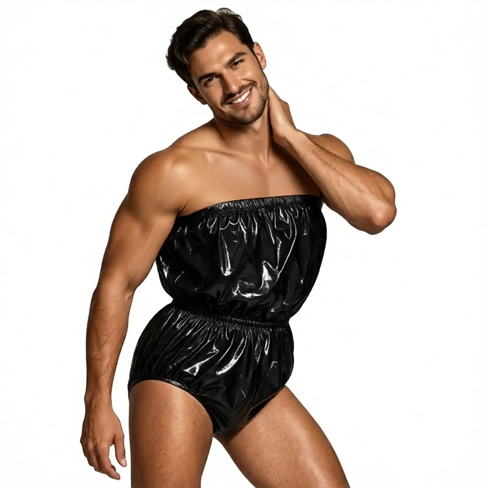 Men Swimming Suit Strapless Waterproof Lingerie Bodysuit Elastic Band High-cut Glossy Clubwear Rompers Adaptive Clothes Swimwear