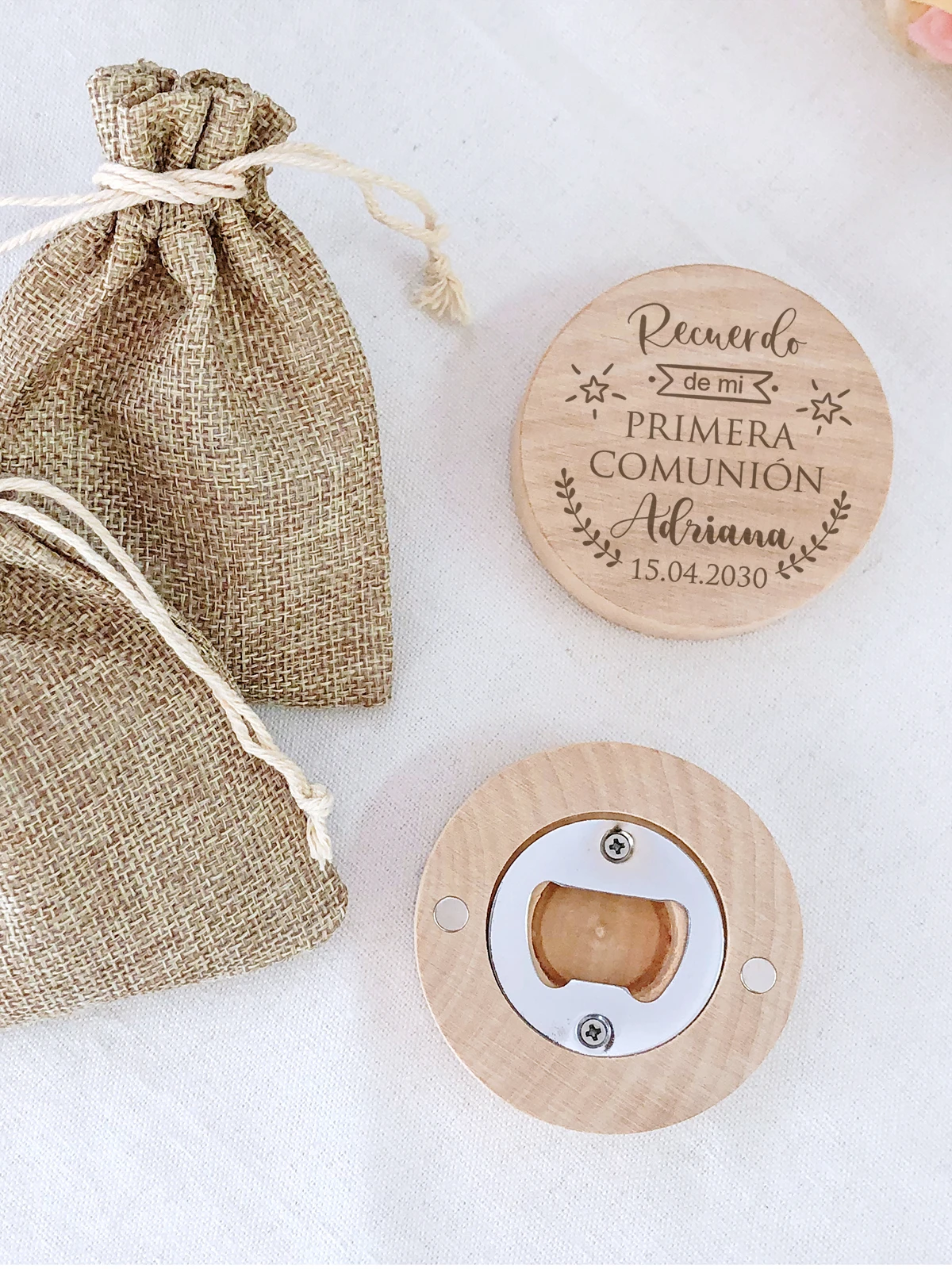 Recuerdo de Primera Comunión, Imán de Madera Personalizado para Niño o Niña, Regalos de Comunión para Invitados, Imán de Refrigerador Personalizado con Abrebotellas