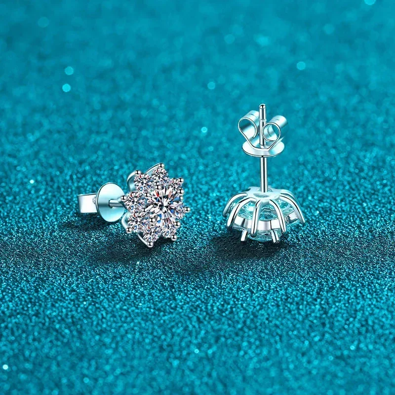 

Luxury Platinum PT950 Sun Flower Stud Earrings for Women, Moissanite Diamond Unusual Halo Earring Solitaire Wedding Jewelry
