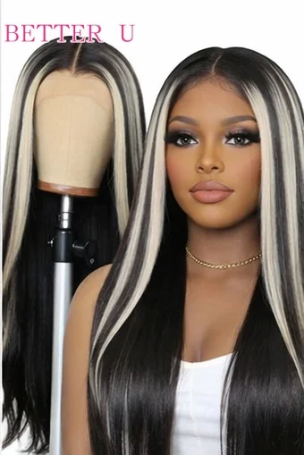 13*6 Blonde Highlight Black Lace Frontal Wig Pre Plucked Straight Human Hair Wig 13*4 Transparent Lace Front Wig For Women 180%