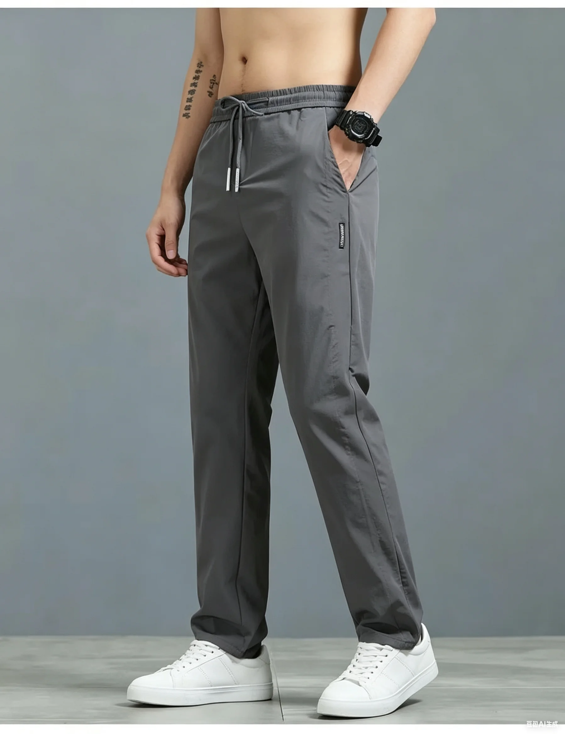 Solid Color Draping Ice Silk Pants For Men Elastic Waist Loose Straight Trousers Summer Business Casual Versatile Pants