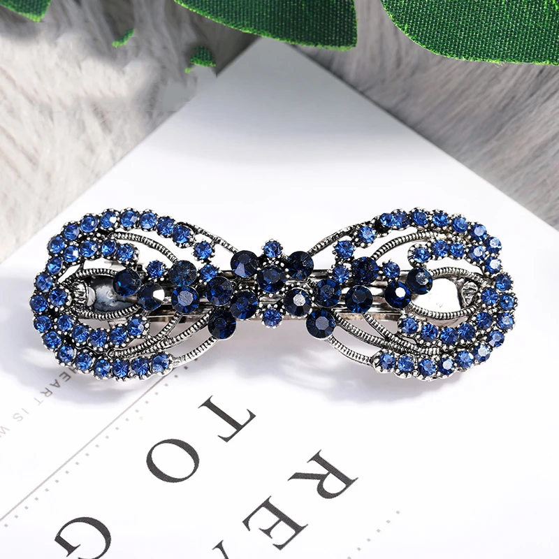 EASYA New Design Blue Rhinestone Hair Barrettes For Women Vintage Crystal Bowknot Flower Hair Accessories Headwear Hair Clips