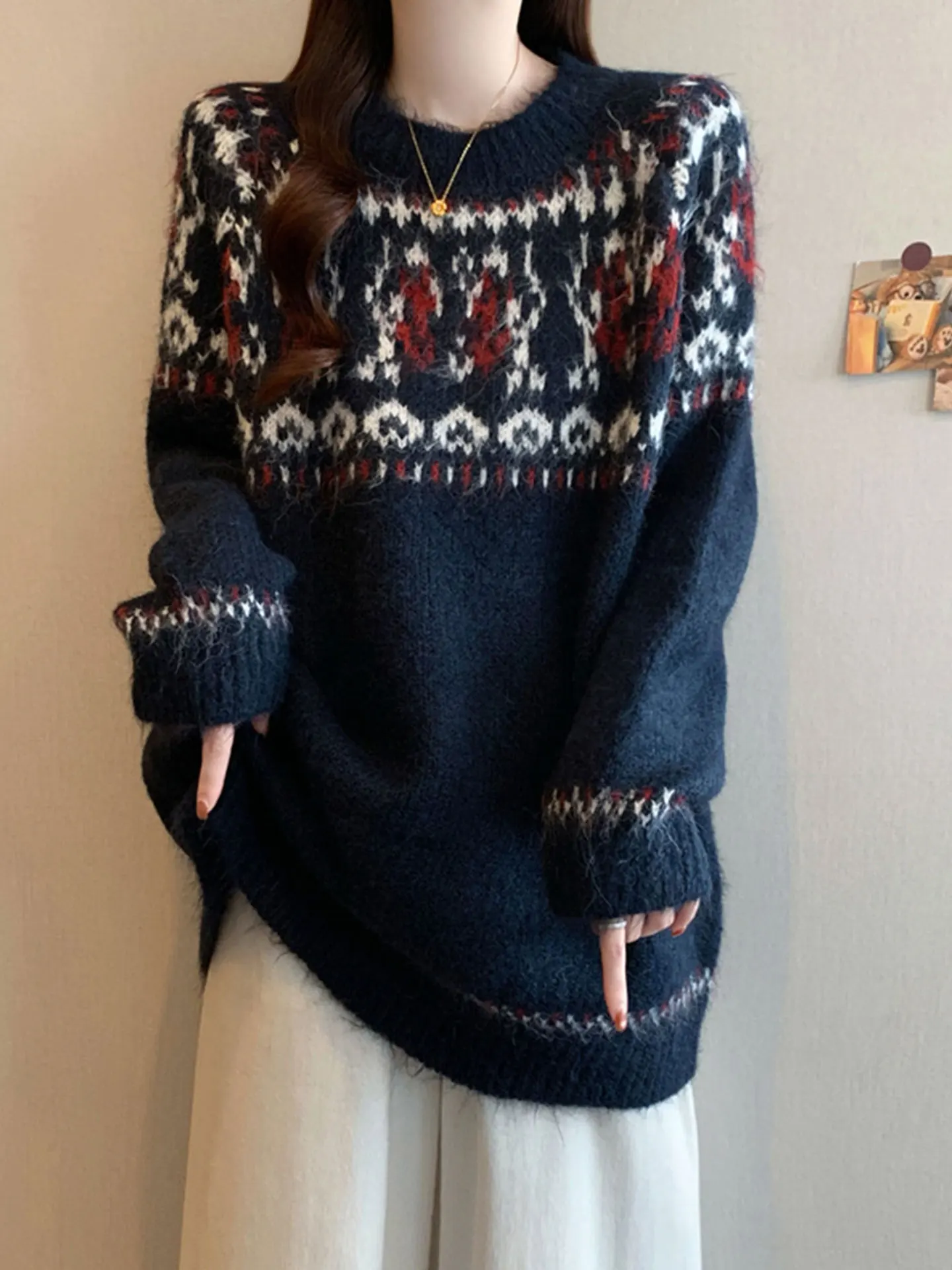 

Loose Fit Long Sve Knitted Sweater Women's plus Size Autumn Winter Casual Sle k Blue Fair Isle Pattern Faionable Top