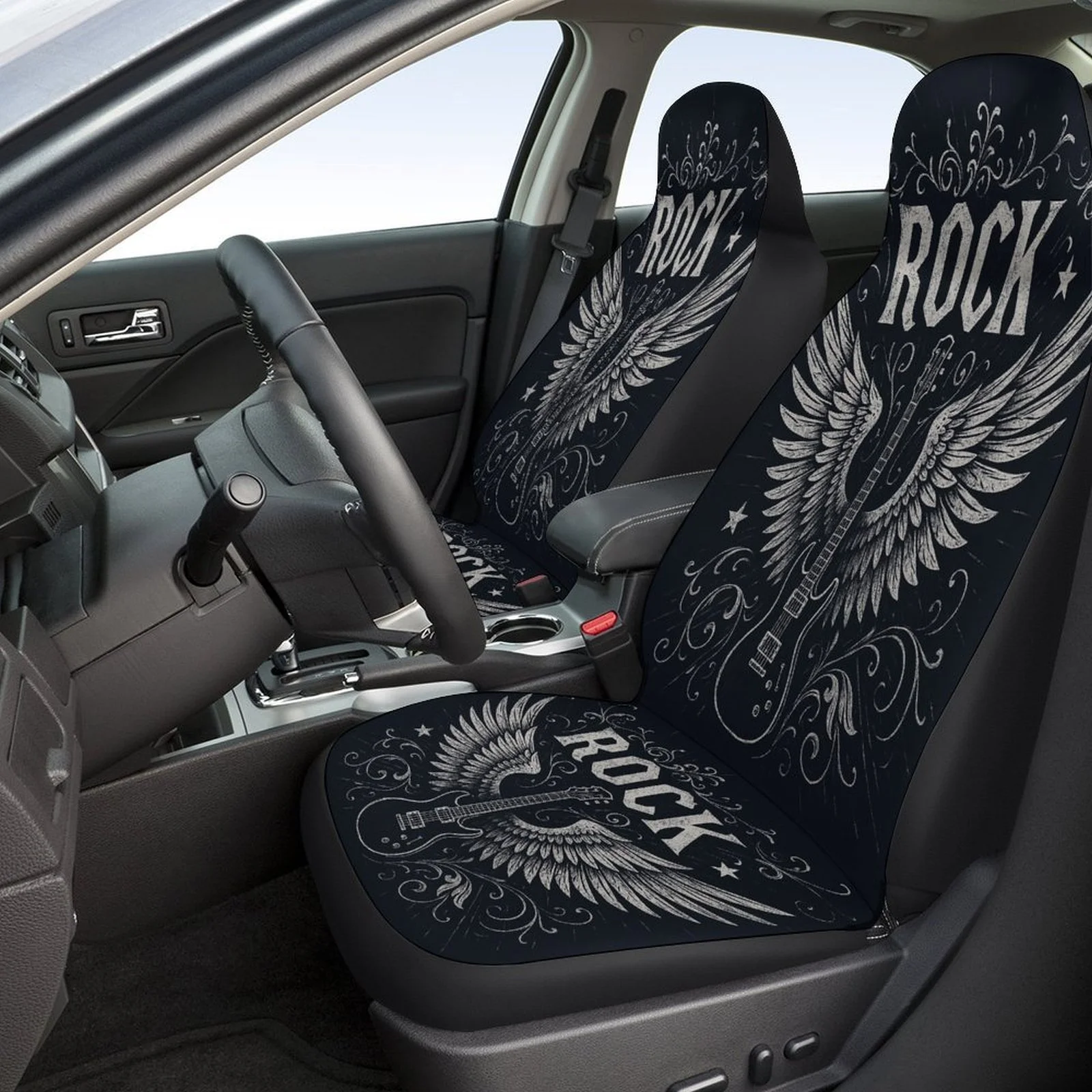 Set Of Car Seat Covers Featuring A Rock Guitar And Wings Design, Suitable For Various Vehicles. Stylish And Unique, These Full S