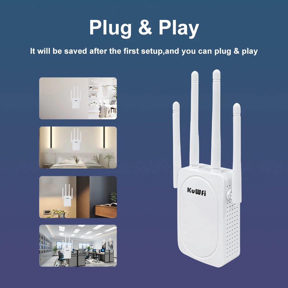 KuWFi 2.4G 5GHz WiFi Repeater 1200Mbps WiFi Extender Amplifier Long Range Wi-Fi Signal Booster 2 LAN Port Repeater Wired Mode