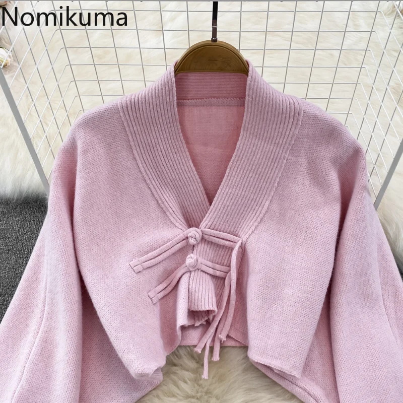 Nomikuma Conjuntos De Falda Autumn Winter Lantern Sleeve Slim Bodycon Simple Ensembles De Jupes Elegant Womens Two Peice Sets