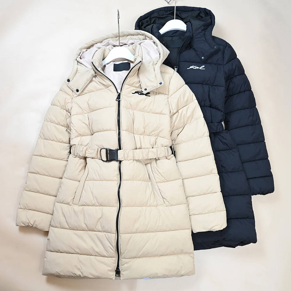 

Новый зимний женский хлопковый дэт с вышитыми буквами и съемной шапкой, теплый пояс, пальто средней длины, застежка-молния