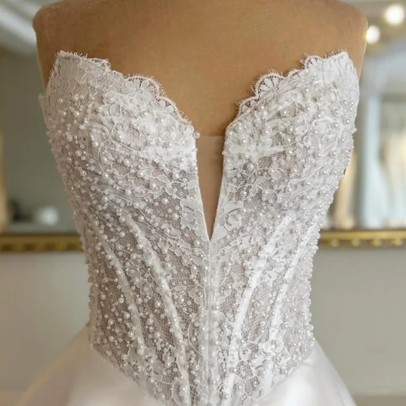 

Satin White Appliques Wedding Dresses off-shoulder A skirt Pearl jewelry decal Bridal Bow Gowns Made Customized