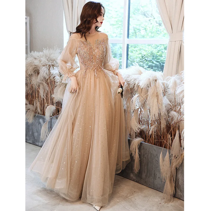 Champagne Sexy Sequins Beaded Chinese Female Cheongsam Vestidos Chinos Oriental Wedding Gowns Party Long Sleeves Dresses