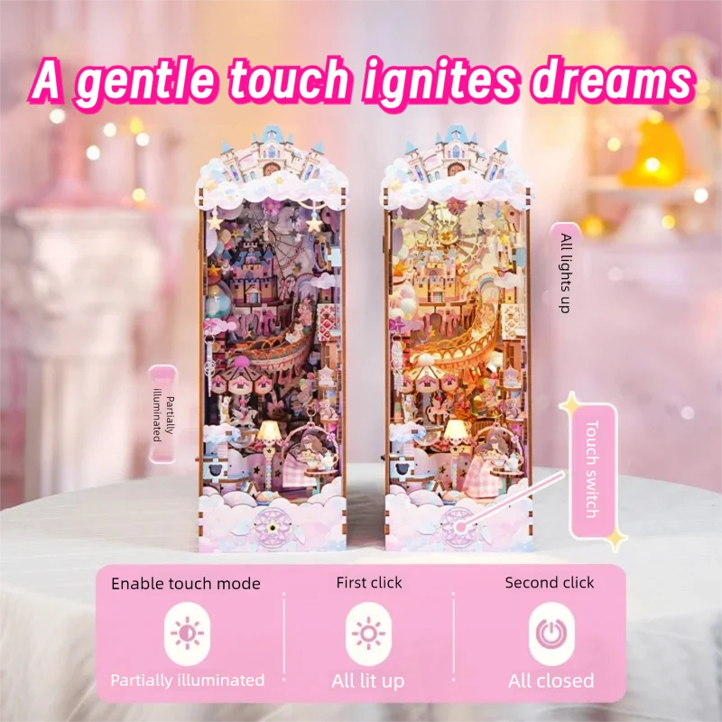 スイートドリーム DIY ブックヌック インサートキット 木製ドールハウス 組み立てキット ブックエンド LEDライト付き 本棚 ホームデコレーション ギフト