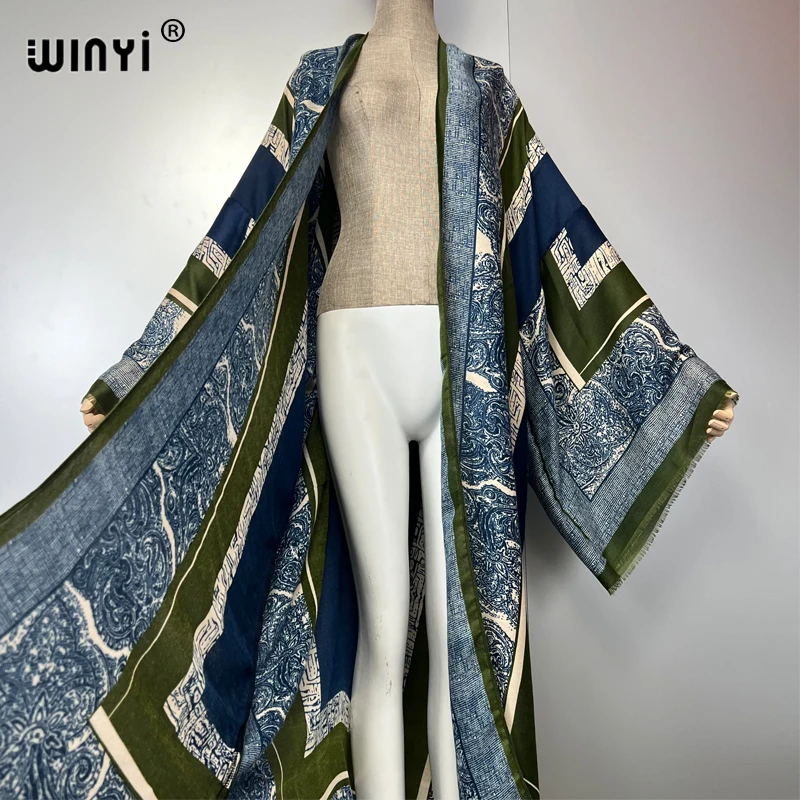 WINYI البوهيمي كيمونو طباعة سترة المرأة معطف فضفاض معطف طويل عطلة الشاطئ التستر فستان الحفلات الفاخرة دبي عباية ماكسي فستان