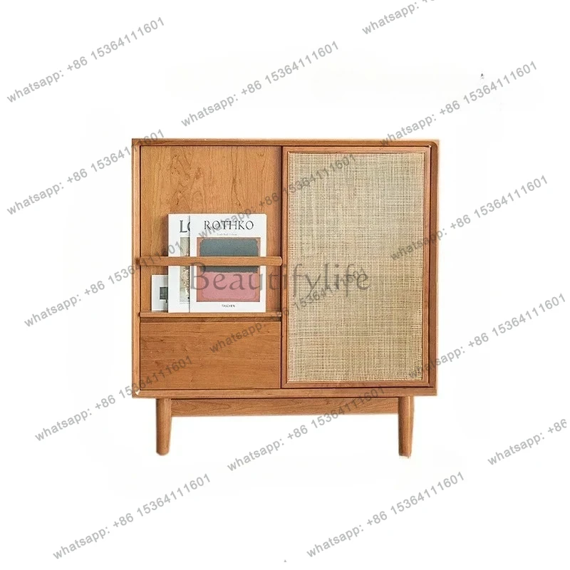 

FG28Japanese Rattan Solid Wood Magazine Cabinet Living Room Side Cabinet Retro Side Table Display Cabinet Made of Glass Side