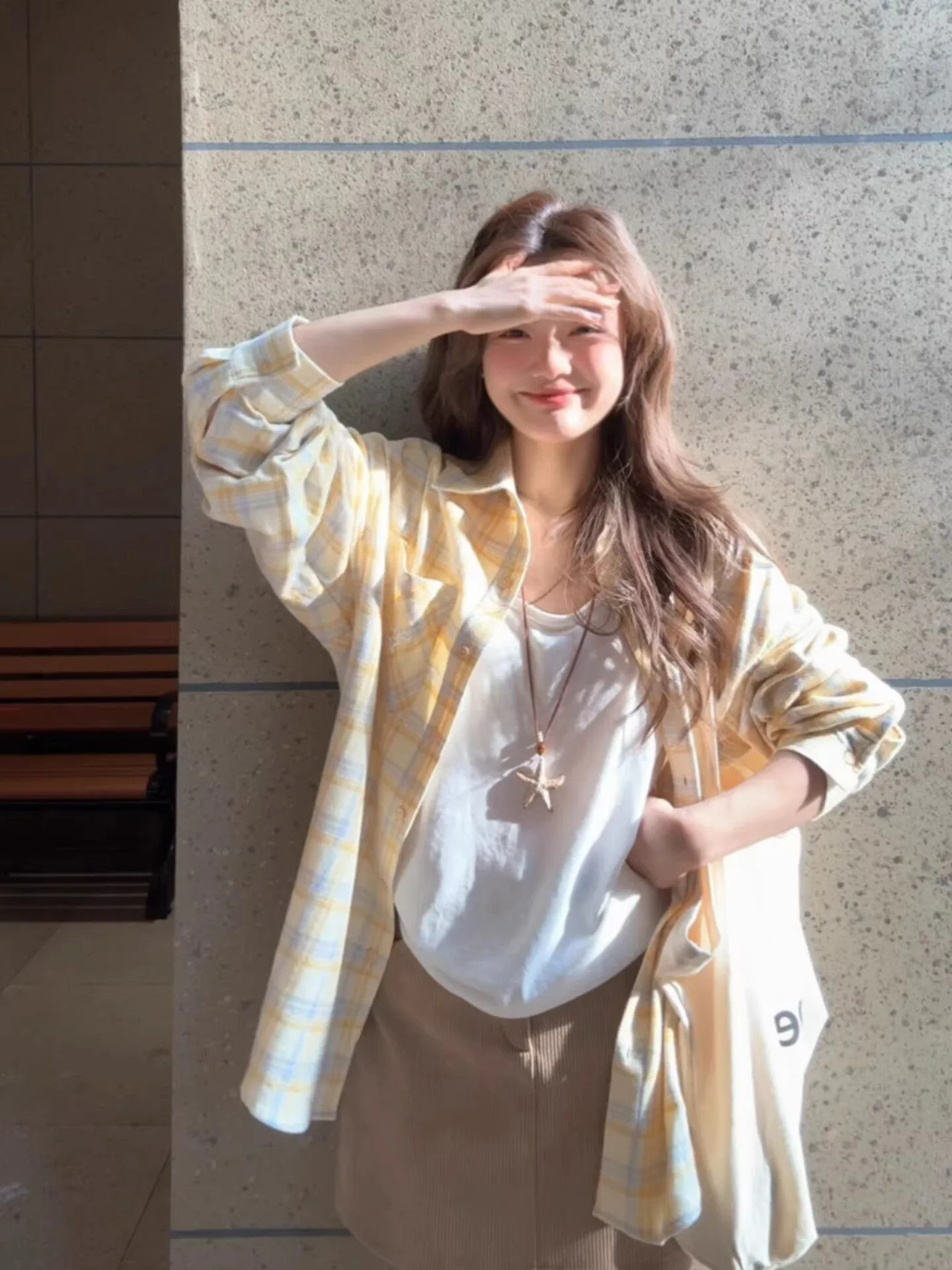 

Lemon Yellow Long Sleeve Casual Plaid Women's Shirt Spring Loose Korean Style Lazy Fashion Layered Sun Protection Coat