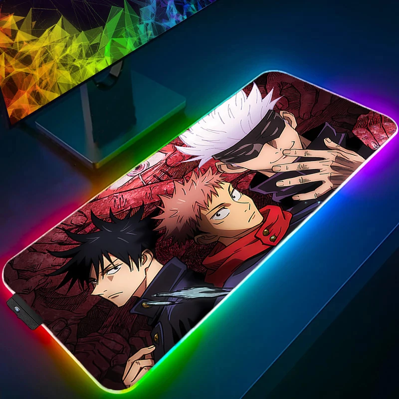 لوحة ماوس الألعاب اليابان أنيمي LED جهاز كمبيوتر شخصي Jujutsu Kaisen ألعاب حصيرة مكتبية RGB ملحقات الكمبيوتر المحمول لوحة الماوس HD طباعة لوحة المفاتيح